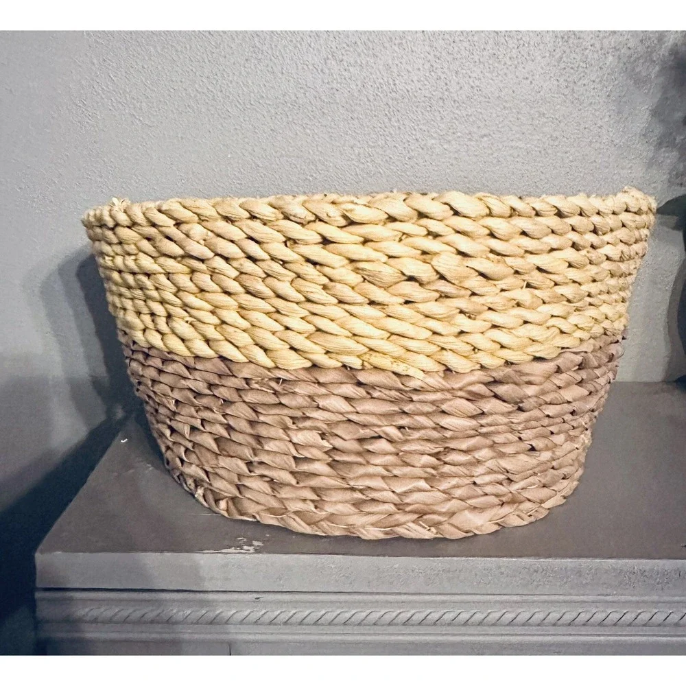 Two Tone Woven Seagrass Basket Round Braided Storage Boho Home Decor 12 Inch